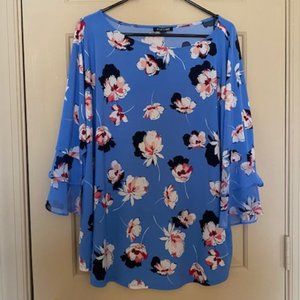 Blue 3/4 Bell Sleeve Floral Print